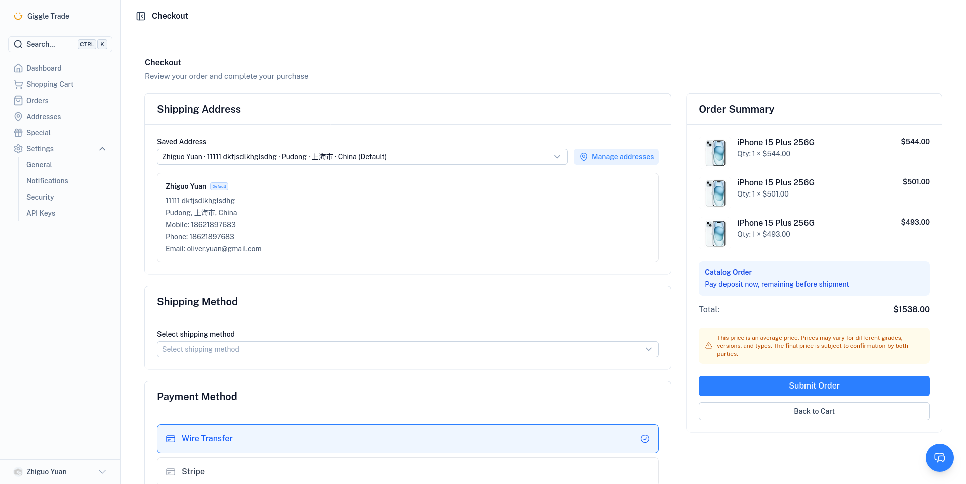 Checkout — address, shipping, and order summary